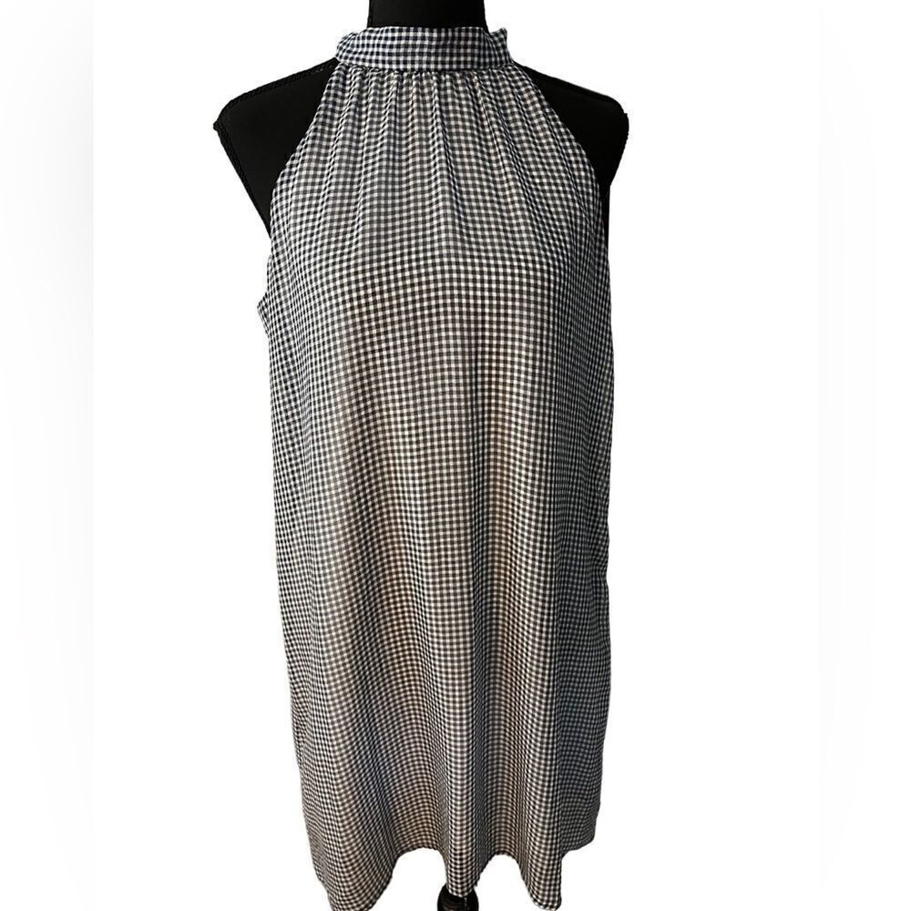 BUTTONS black/white gingham check lined high neckline halter style dress, size M